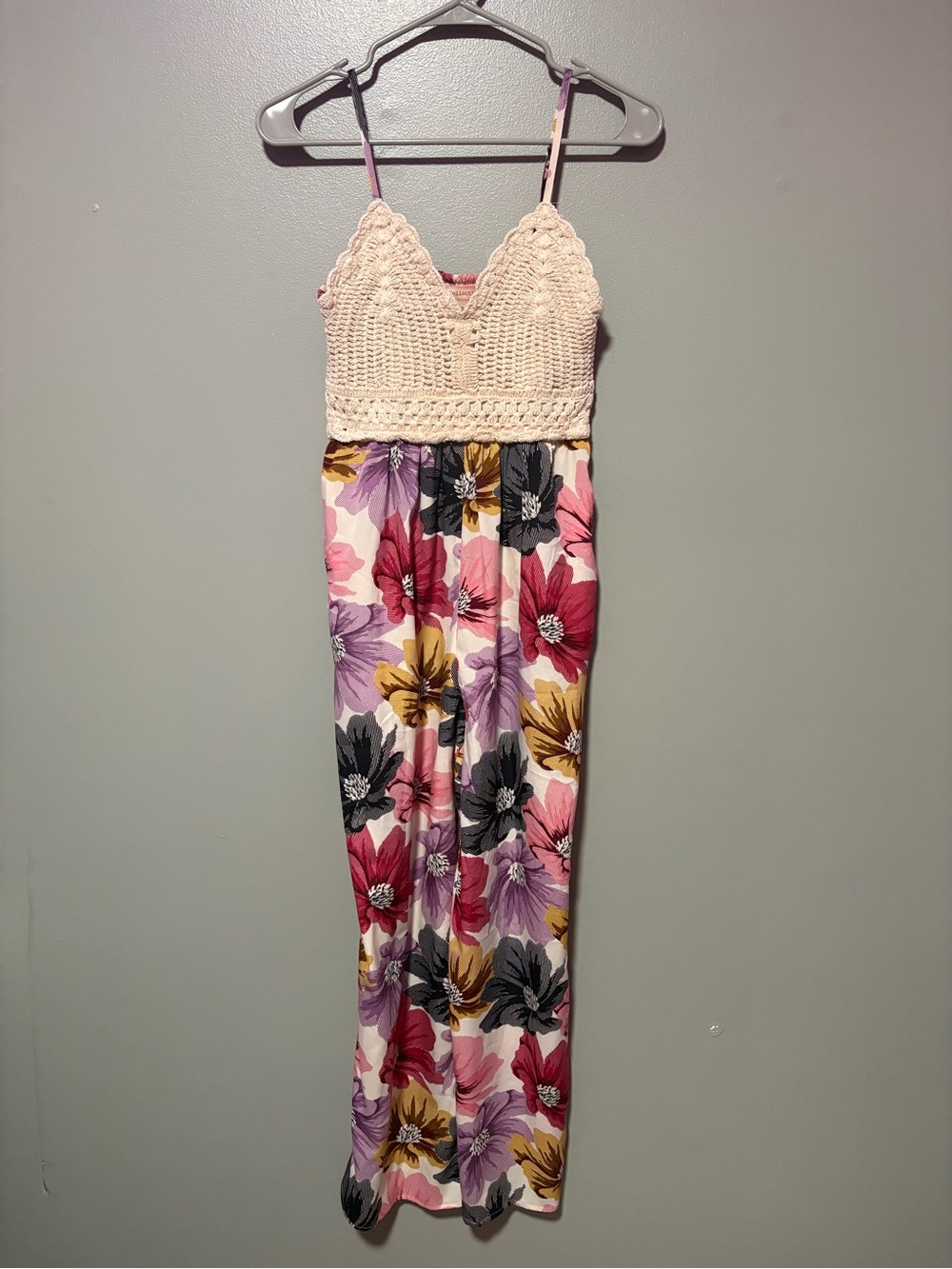 O•G Collective Floral Crochet Jumpsuit Size Medium Boho Wide Leg Romper Jumpsuit